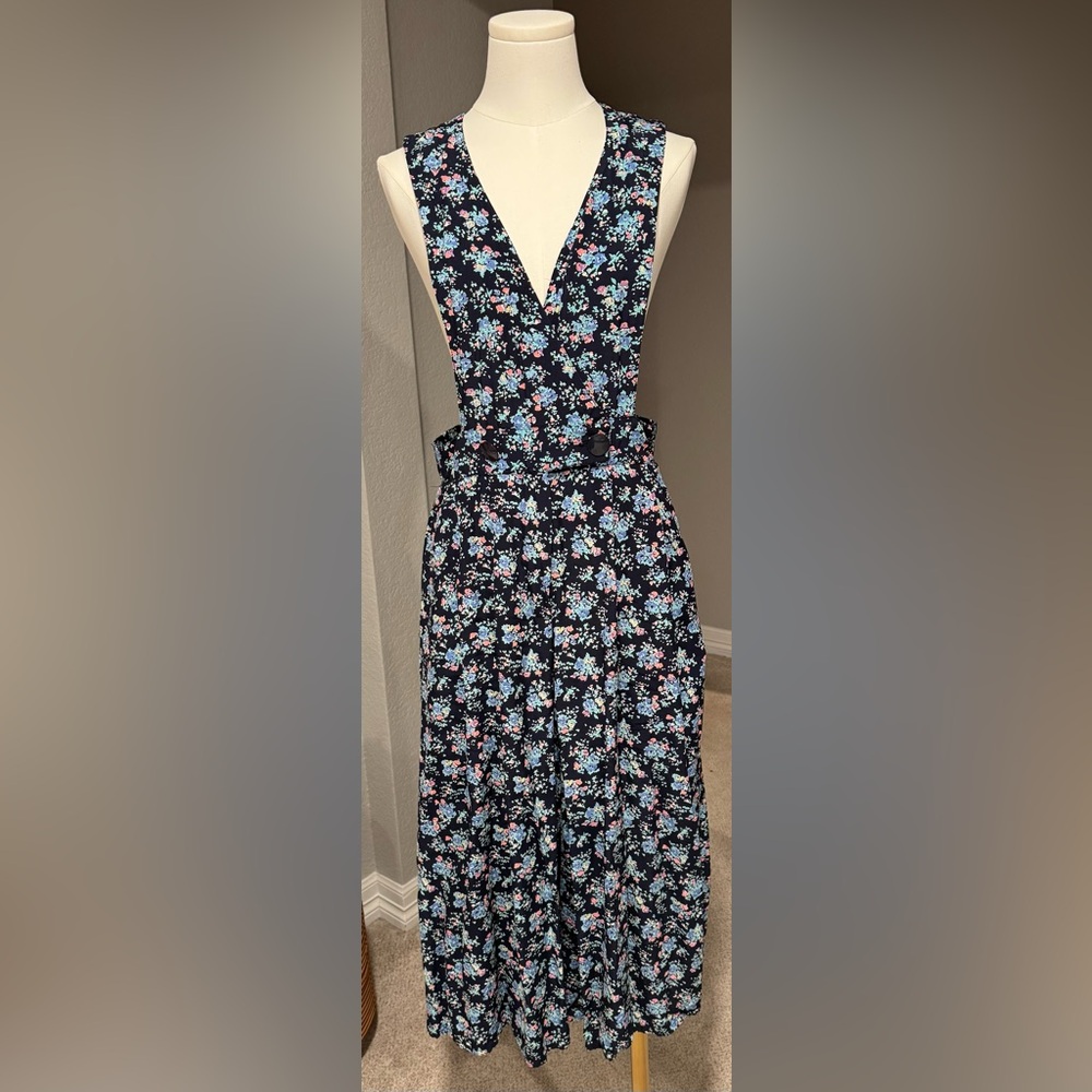 Vintage R.J. Stevens Navy Floral Wrap Wide Leg Overall Pinafore Pockets Jumpsuit